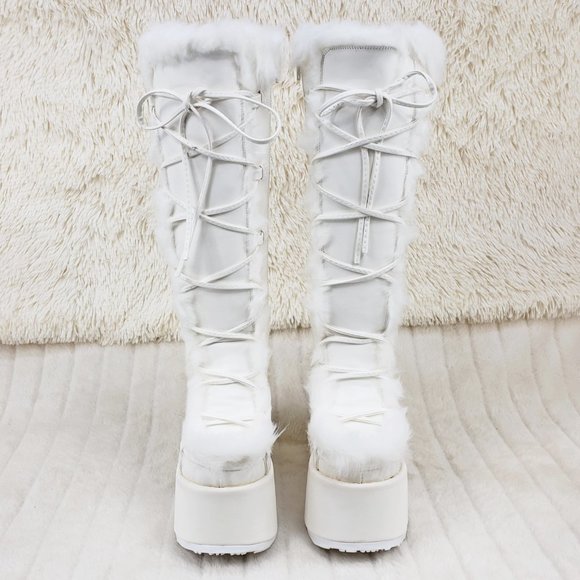 Camel 311 White furry goth punk Platform Knee Boot - Picture 6 of 11